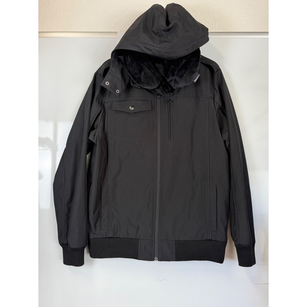 BauBax Mens Travel Bomber Jacket Black Hooded Faux Fur Lined Large